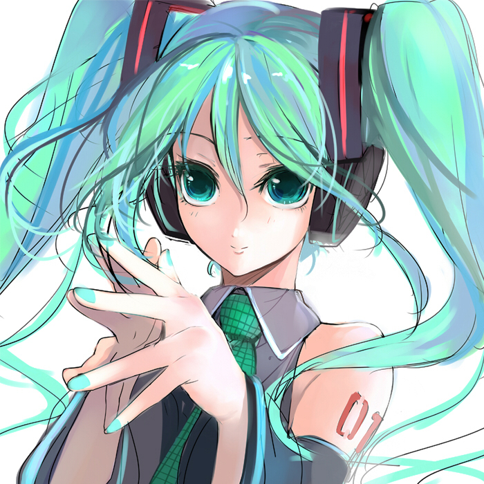 aqua_eyes aqua_hair aqua_nails bare_shoulders blue_hair detached_sleeves foreshortening hands hatsune_miku long_hair multicolored_hair nail_polish necktie pupps smile solo steepled_fingers twintails upper_body vocaloid