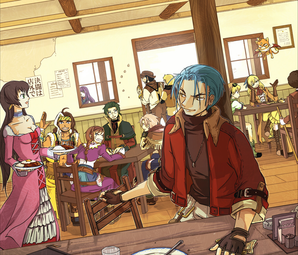 6+boys afro ahoge alfred_schrodinger anger_vein angry asatsuki_kamo bad_id bad_pixiv_id beatrice_(wild_arms) belt black_hair blonde_hair blue_eyes blue_hair boots bracelet braid breasts brown_hair cat cat_tail chair choker claudia clive_winslett coat collar crossed_legs dario_nicolodi dress earrings egg everyone feathers flying food fringe_trim gallows_carradine glasses gloves goggles green_eyes green_hair hair_ribbon hairband hat headband indoors janus_cascade jet_enduro jewelry lips long_hair maya_schrodinger medium_breasts money multicolored_hair multiple_boys multiple_girls necklace pants plate purple_hair ribbon romero_gigio scarf shady_thousand shirt sidelocks sitting smile sword tail todd_dukakis virginia_maxwell weapon white_hair wild_arms wild_arms_3 window wings yellow_eyes