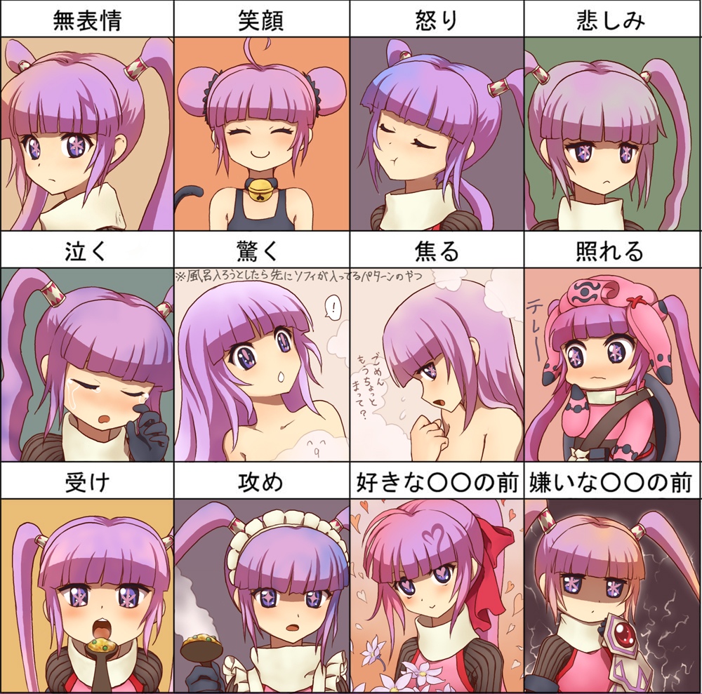 1girl :t alternate_hairstyle bare_shoulders blue_eyes chart chibi closed_eyes double_bun feeding flower hair_down hat long_hair multicolored multicolored_eyes multiple_persona multiple_views open_mouth pikorasu ponytail purple_eyes purple_hair smile sophie_(tales) spoon symbol-shaped_pupils tales_of_(series) tales_of_graces tears twintails