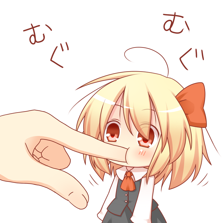 ahoge ascot biting blonde_hair bow finger_biting finger_in_mouth fingers hair_bow hands kousa_(black_tea) minigirl red_eyes rumia simple_background solo touhou