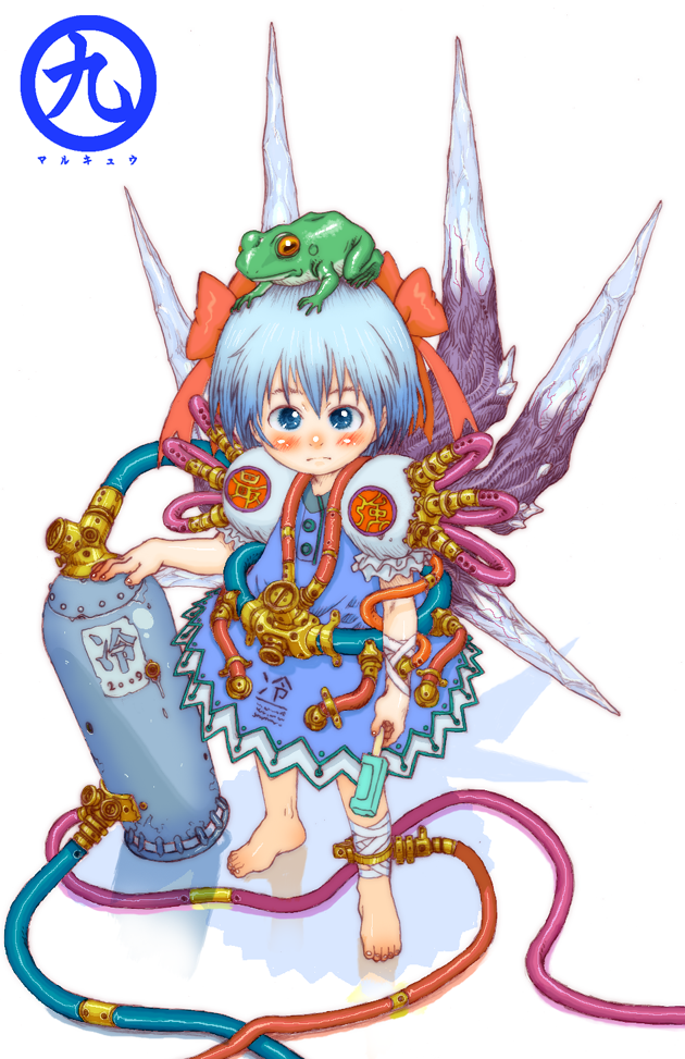 2009 4n animal animal_on_head bandage bandages bangs barefoot blue_eyes blue_hair blush child cirno dress feet frog hair_ribbon holding ice looking_at_viewer on_head popsicle ribbon short_hair simple_background skirt solo standing touhou translation_request tube white_background