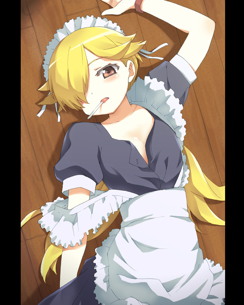 aizawa_shouko apron arm_up blonde_hair blush candy deyuuku floor food frills hair_over_one_eye jewelpet_(series) jewelpet_sunshine lollipop long_hair looking_at_viewer lying maid maid_headdress mouth_hold on_back on_floor solo strap_slip unbuttoned wooden_floor yellow_eyes