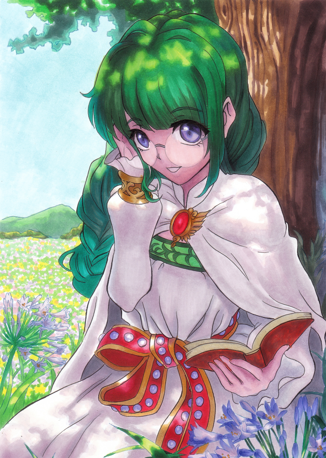 bad_id bad_pixiv_id book braid brooch cape dappled_sunlight day dress flower glasses green_hair highres jewelry long_hair nature outdoors philia_felice purple_eyes round_eyewear saraoku-san shade sky smile solo sunlight tales_of_(series) tales_of_destiny traditional_media