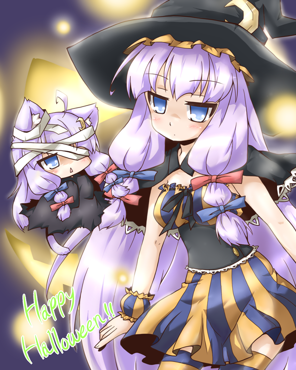 alternate_costume animal_ears bandages bare_shoulders blue_eyes blush bow breasts cape capelet cat_ears cat_tail chibi costume crescent dual_persona hair_bow halloween hat long_hair medium_breasts minigirl multiple_girls multiple_persona neko_yume open_mouth patchouli_knowledge purple_hair skirt tail thighhighs touhou very_long_hair witch_hat