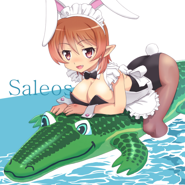 animal_ears apron bow bowtie breasts brown_hair bunny_ears bunny_tail bunnysuit character_name cleavage crocodile crocodilian detached_collar fang inflatable_toy large_breasts maid_headdress meow_(nekodenki) original pantyhose pointy_ears red_eyes riding short_hair solo tail water wet wet_clothes wrist_cuffs