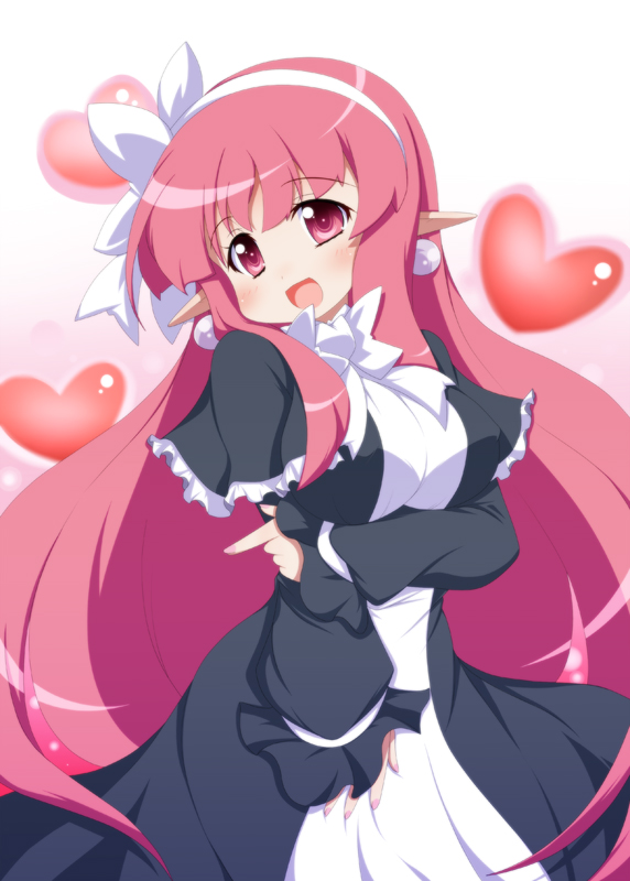 black_capelet blush bow breasts capelet disgaea dress earrings hair_ribbon hairband heart holding_arm jewelry large_breasts long_hair mage_(disgaea) oborotsuki_kakeru pointy_ears red_eyes red_hair ribbon shawl smile solo