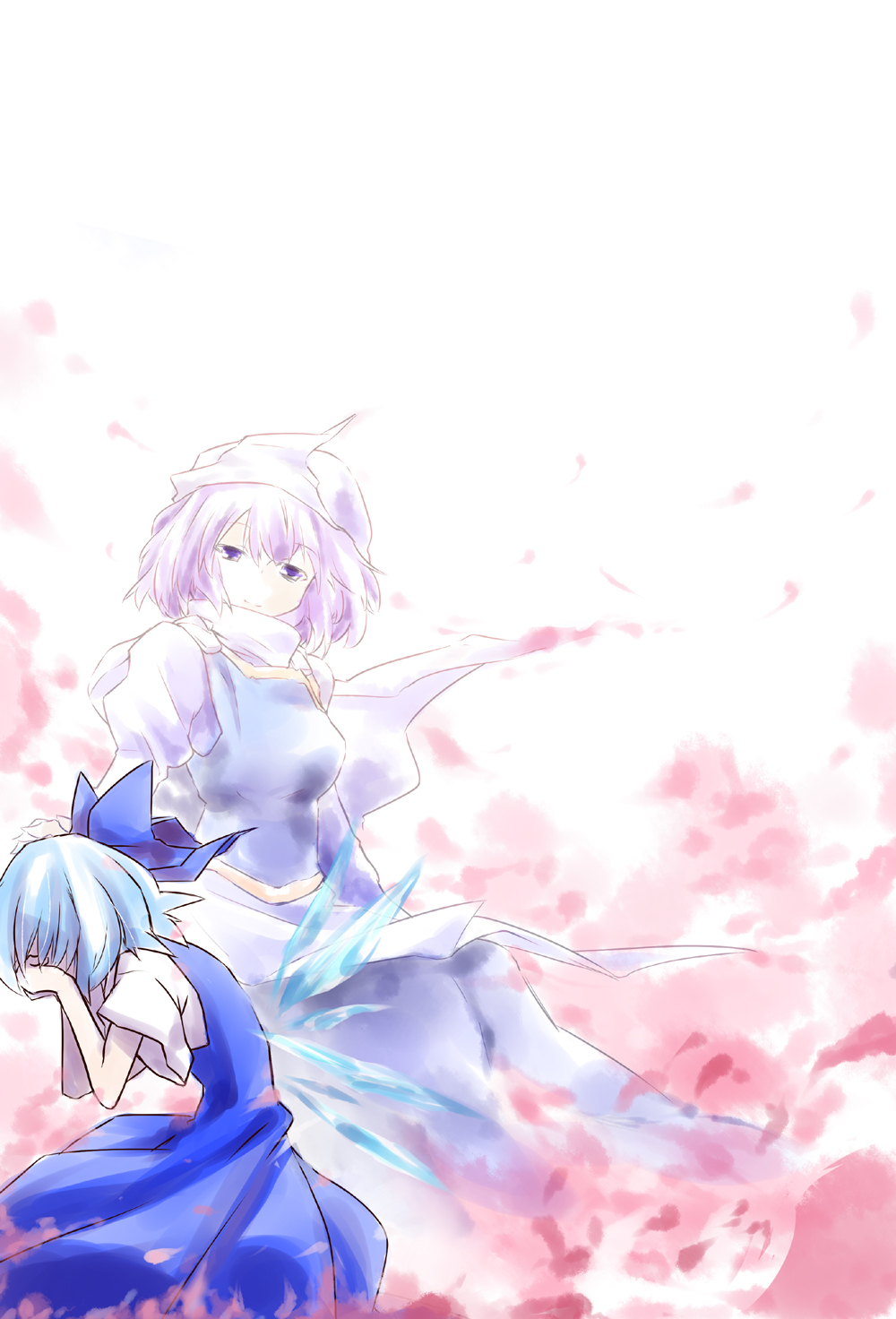 apron blue_eyes blue_hair blush bow breasts cirno dress hair_bow hat highres lavender_hair letty_whiterock medium_breasts multiple_girls petals ribbon scarf short_hair skirt smile tachiuo_nikominabe tears touhou white_scarf wings