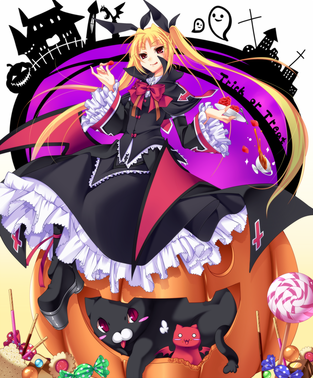 :3 :q blazblue blonde_hair boots bow candy cat cookie creature cup dress drink flower food full_body gii hair_ribbon halloween highres jack-o'-lantern lollipop long_hair nago o_o plate platform_footwear pocky pumpkin rachel_alucard red_bow red_eyes red_flower red_rose ribbon rose sayo_wini slit_pupils smile solo swirl_lollipop teacup tongue tongue_out twintails