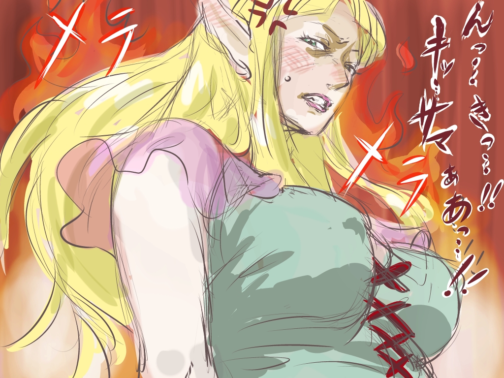 1girl anger_vein angry blonde_hair blush breasts celis elf fire green_eyes large_breasts lipstick long_hair makeup pointy_ears shirt sweat taut_clothes taut_shirt translation_request zuburoku