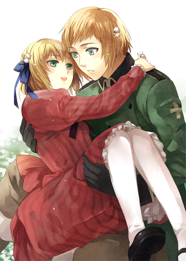1girl axis_powers_hetalia bad_id bad_pixiv_id black_gloves blonde_hair blue_eyes brother_and_sister carrying dress flower gloves green_eyes hair_flower hair_ornament hair_ribbon liechtenstein_(hetalia) mary_janes military military_uniform open_mouth pantyhose princess_carry red_dress ribbon shoes short_hair siblings sitting smile striped striped_dress switzerland_(hetalia) uhouho14 uniform vertical_stripes white_legwear