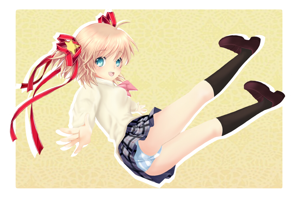 blonde_hair blue_eyes hiroshilufia kamikita_komari little_busters! panties pantyshot plaid plaid_skirt ribbon school_uniform short_hair skirt solo striped striped_panties twintails underwear