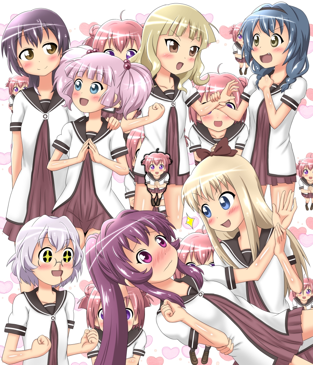 6+girls :d ahoge akaza_akari anison black_hair blonde_hair blood blue_eyes blue_hair blush braid brown_eyes clenched_hand double_bun funami_yui furutani_himawari glasses hair_bun hairband hand_on_shoulder highres ikeda_chitose multiple_girls nanamori_school_uniform nosebleed oomuro_sakurako open_mouth pink_hair ponytail purple_eyes purple_hair school_uniform serafuku short_hair smile sugiura_ayano toshinou_kyouko twin_braids twintails v-shaped_eyebrows yoshikawa_chinatsu yuru_yuri