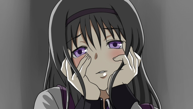 akemi_homura aoinu_(shuumatsugeki) black_hair blush hands_on_own_cheeks hands_on_own_face long_hair mahou_shoujo_madoka_magica parody purple_eyes solo yandere yandere_trance