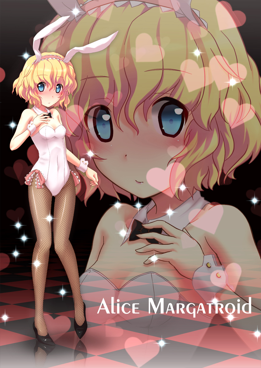 alice_margatroid animal_ears arm_up blonde_hair blue_eyes blush bunny_ears bunnysuit character_name detached_collar fishnet_pantyhose fishnets hairband heart highres ikamagu lights pantyhose short_hair solo tile_floor tiles touhou wrist_cuffs zoom_layer