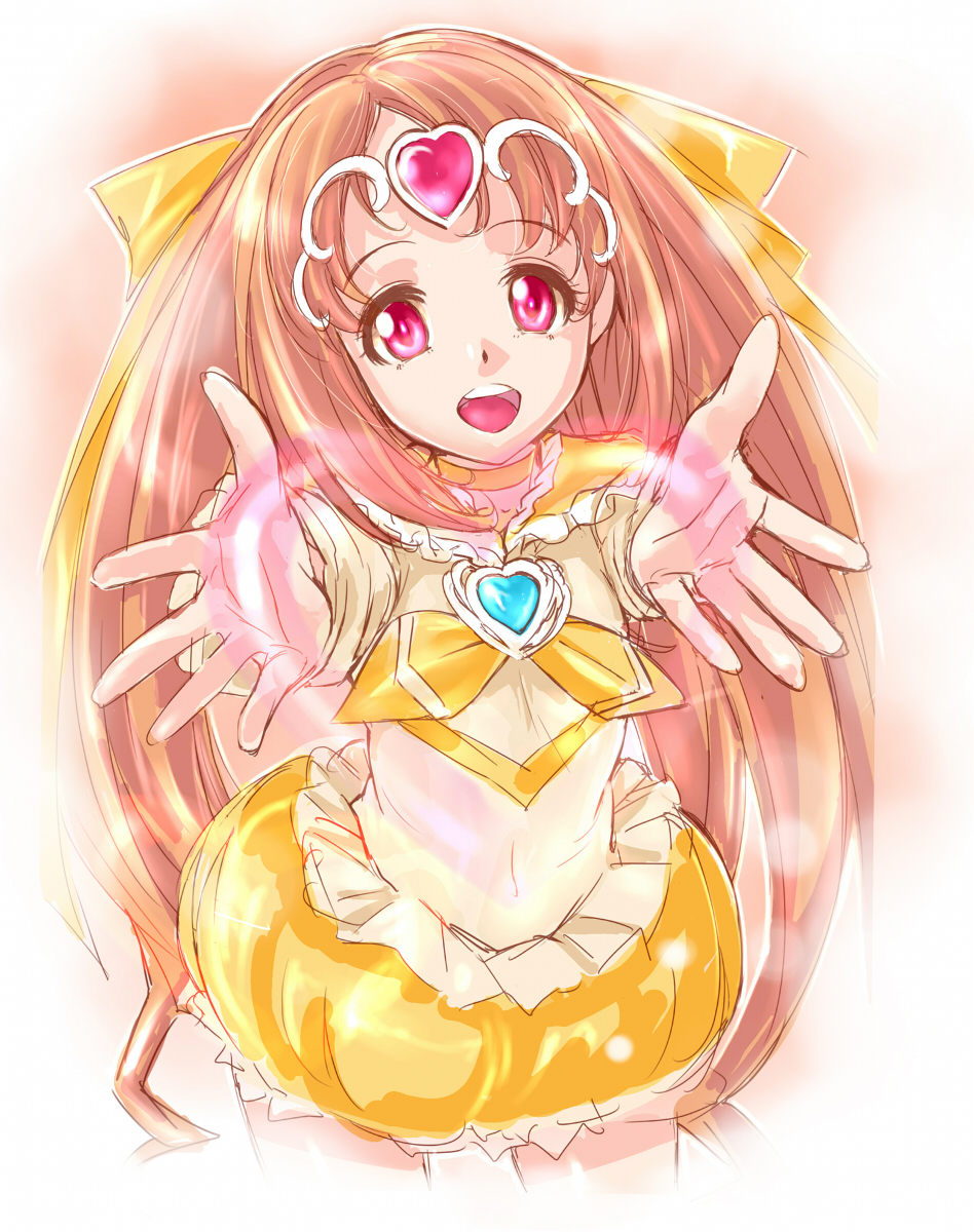 :d bad_id bad_pixiv_id bow brooch bubble_skirt choker circlet cure_muse_(yellow) dodai_shouji dress eyelashes hair_ribbon happy heart highres jewelry long_hair magical_girl open_mouth orange_hair outstretched_hand precure red_eyes ribbon shirabe_ako skirt smile solo suite_precure yellow_bow yellow_choker