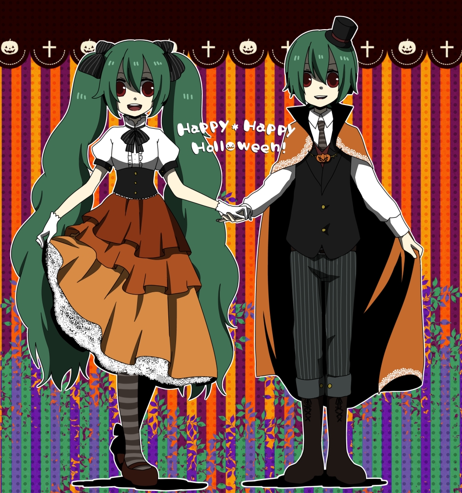 1girl bad_id bad_pixiv_id dress dual_persona genderswap genderswap_(ftm) gloves green_hair halloween happy_halloween hat hatsune_miku hatsune_mikuo holding_hands long_hair mini_hat mini_top_hat najo open_mouth orange_dress pantyhose red_eyes skirt skirt_hold striped striped_legwear top_hat twintails very_long_hair vocaloid