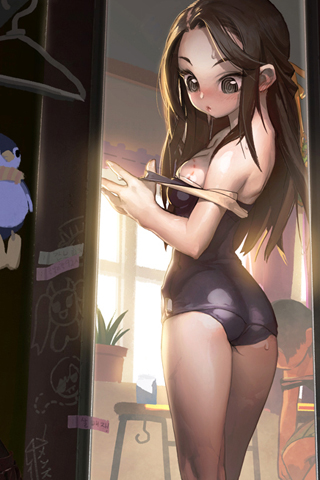 artist_request ass bird bite_mark blush breasts brown_hair cleavage flat_ass green_eyes half_updo layna_scentriver long_hair lowres one-piece_swimsuit open_mouth penguin school_swimsuit small_breasts solo swimsuit sword_girls undressing window