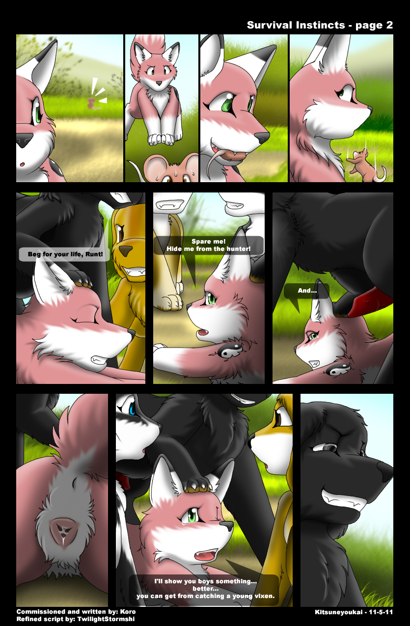 anatomically_correct anatomically_correct_pussy animal_genitalia anus canine canine_pussy comic doggy_position english_text female feral fox from_behind fur group kitsune_youkai male mammal outside penis pink_fur presenting pussy pussy_juice raised_tail sex straight survival_instincts tail text