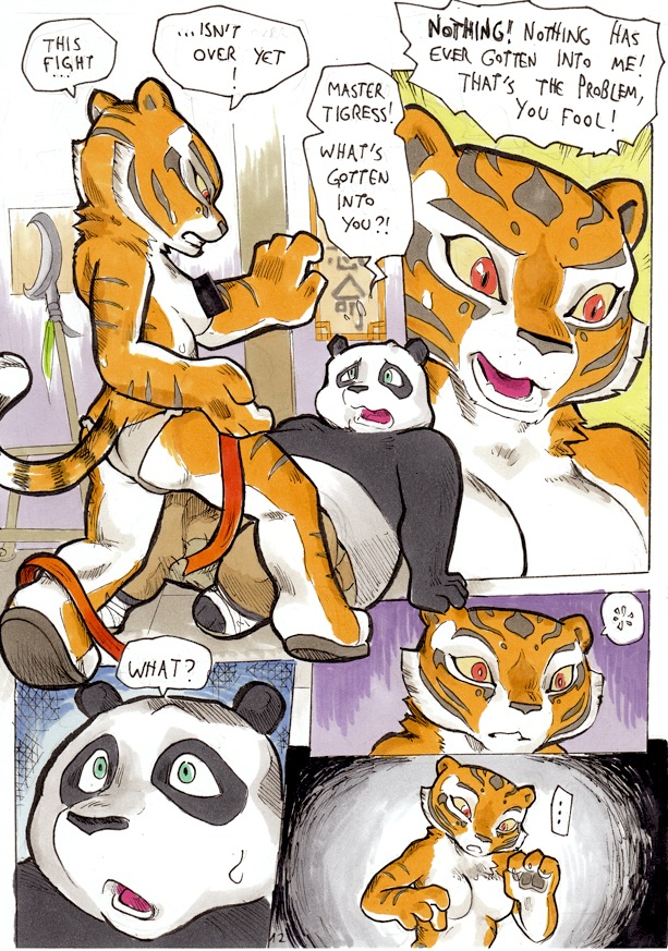 bear better_late_than_never blue_eyes breasts bulge cat censored comic daigaijin dialog dialogue english_text feline female fight kung_fu_panda male mammal master_tigress panda po red_eyes stripes tail text tiger