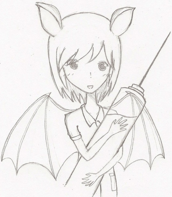 bat bat_ears black_and_white blush cute female mammal monochrome sketch solo syringe unknown_artist wings