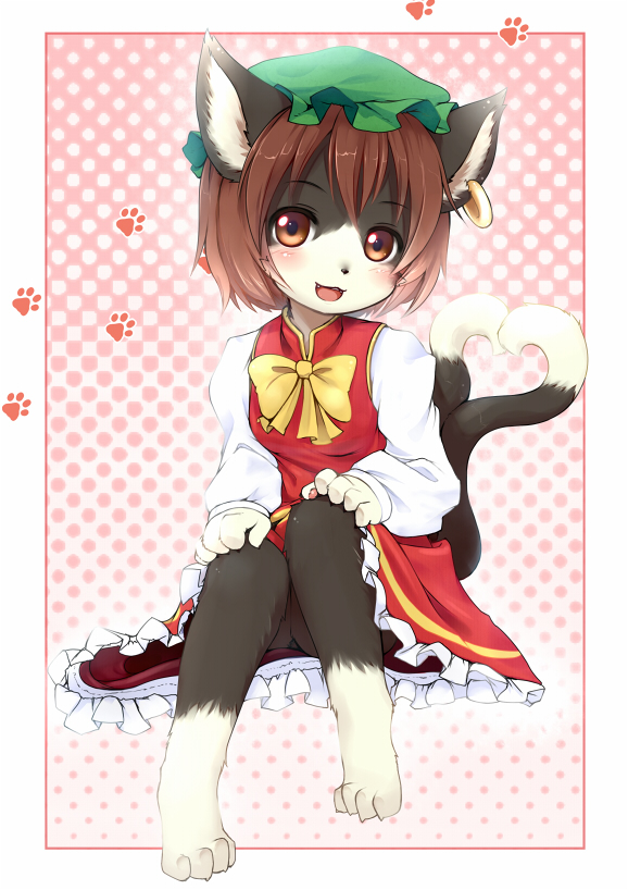 abstract_background black_nose brown_hair cat chen dress feline female hair hat ka looking_at_viewer ribbons short_brown_hair short_hair sitting skimpy solo touhou