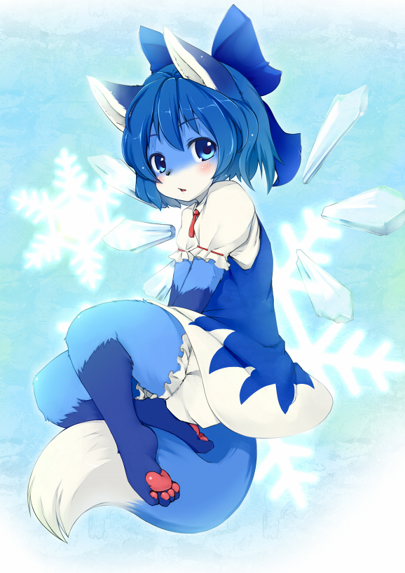 black_nose blue_eyes blue_hair blush canine cirno clothed clothing dress fox hair hindpaw ka looking_at_viewer pawpads paws short_blue_hair short_hair skirt snowflake solo tail touhou wings