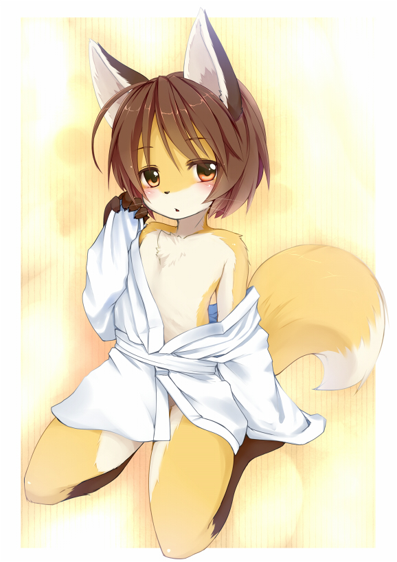 1girl abstract_background animal_ears barefoot blush brown_hair canine chest_tuft female fox furry hair ka kagerofu kneeling looking_at_viewer open_mouth robe short_brown_hair short_hair solo tail undressing young