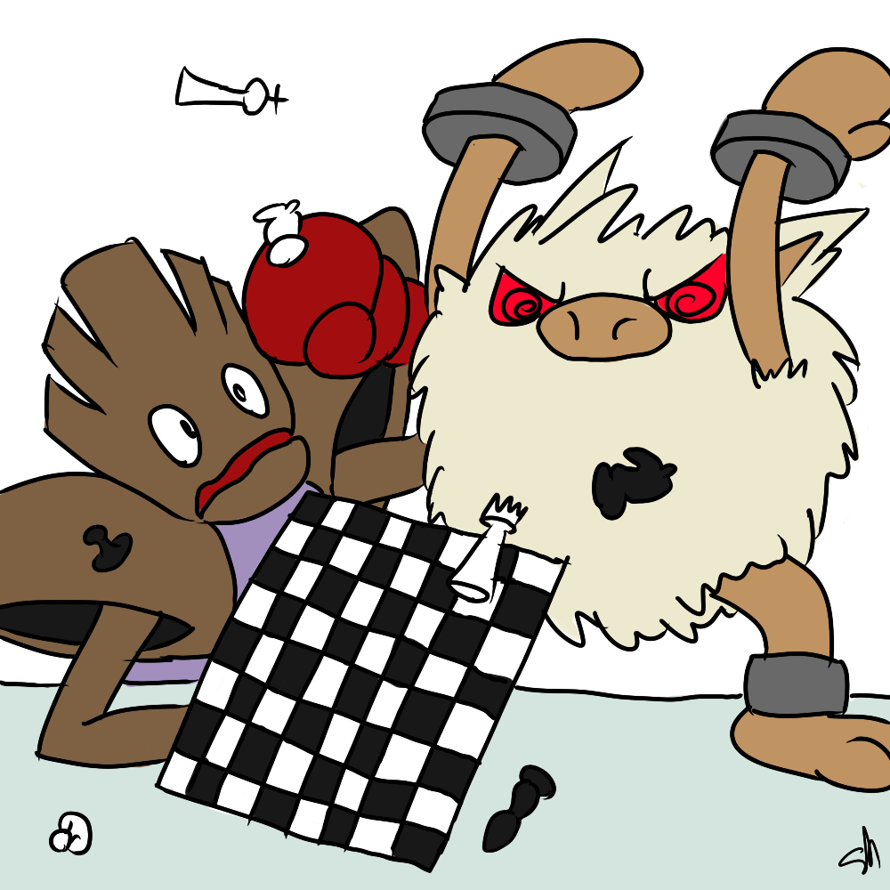 angry anklet boxing_gloves bracelet chess chess_board hitmonchan jewelry nintendo pok&#233;mon pok&eacute;mon primeape ragequit red_eyes training_weights unknown_artist video_games