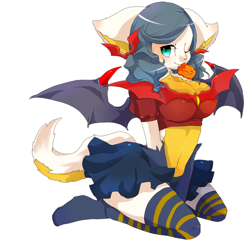 anthro big_breasts blue_eyes blue_hair boots breasts canine cleavage clothed clothing costume female fox hair high_heels horn kneeling long_blue_hair long_hair looking_at_viewer mammal one_eye_closed pinup pose powderkona pumpkin skirt solo stripes wings
