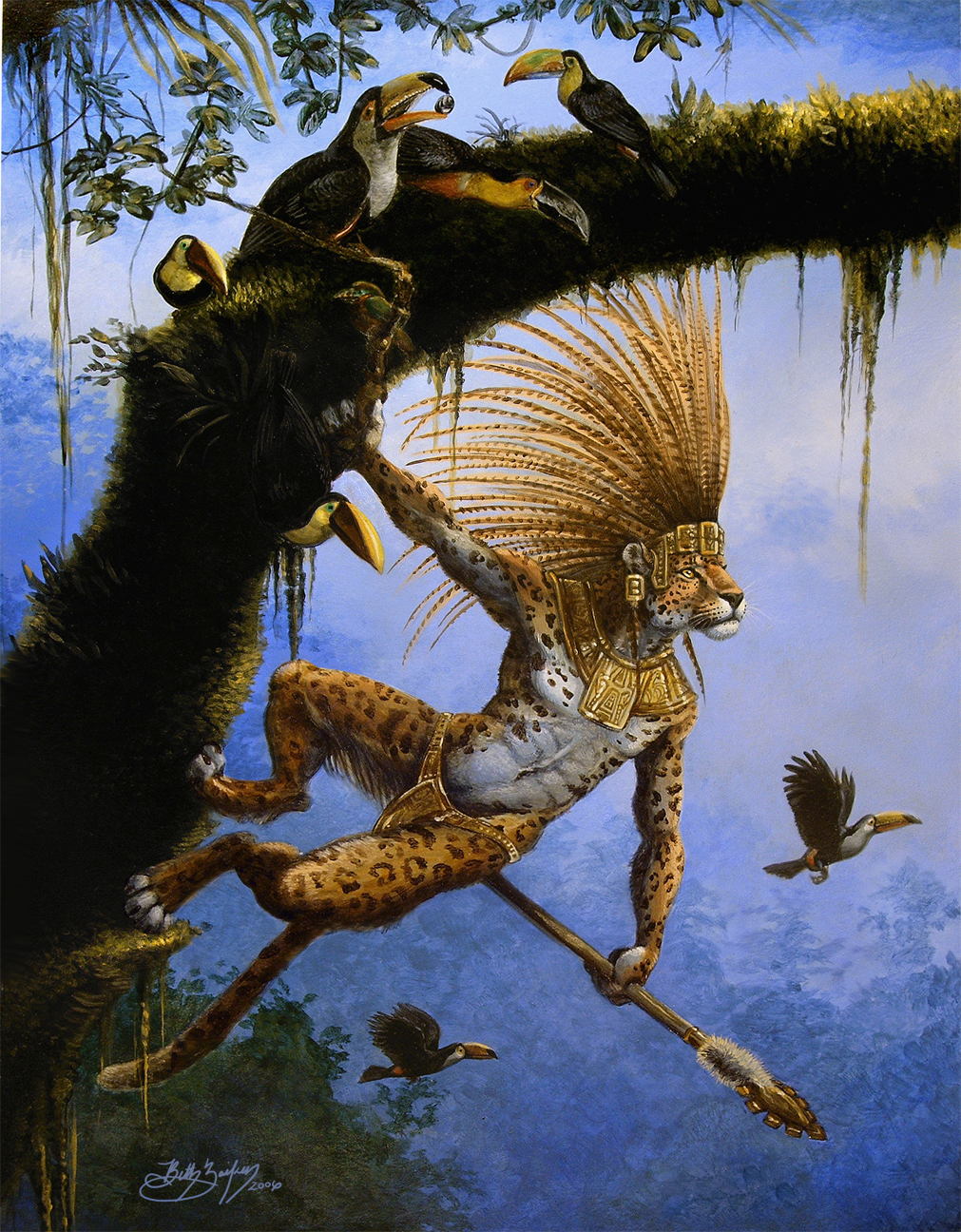 avian aztec damalia feather feline gold headdress jungle leopard male mammal mayan polearm rainforest spear spots toucan tree warrior weapon wood