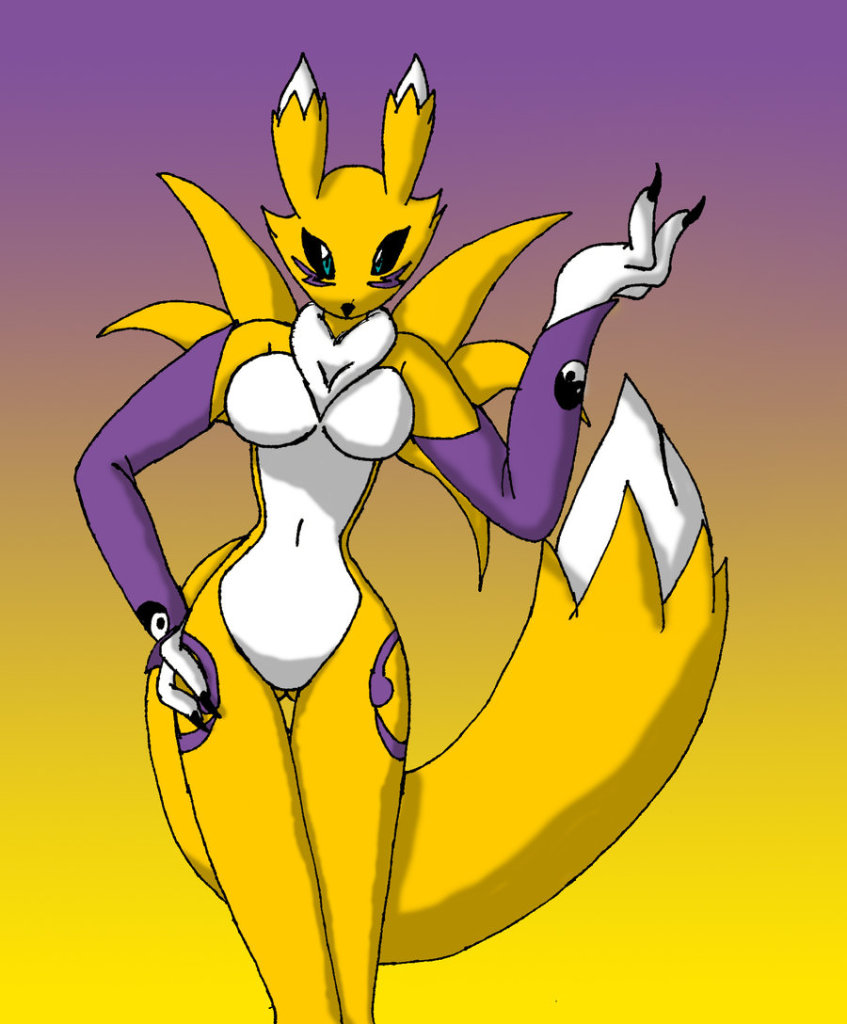 black_sclera breasts canine claws countershading digimon facial_markings female fox fur gradient_background mammal markings naturally_censored navel nude renamon solo tail teal_eyes thigh_gap uzzthehedgehog yellow yellow_fur