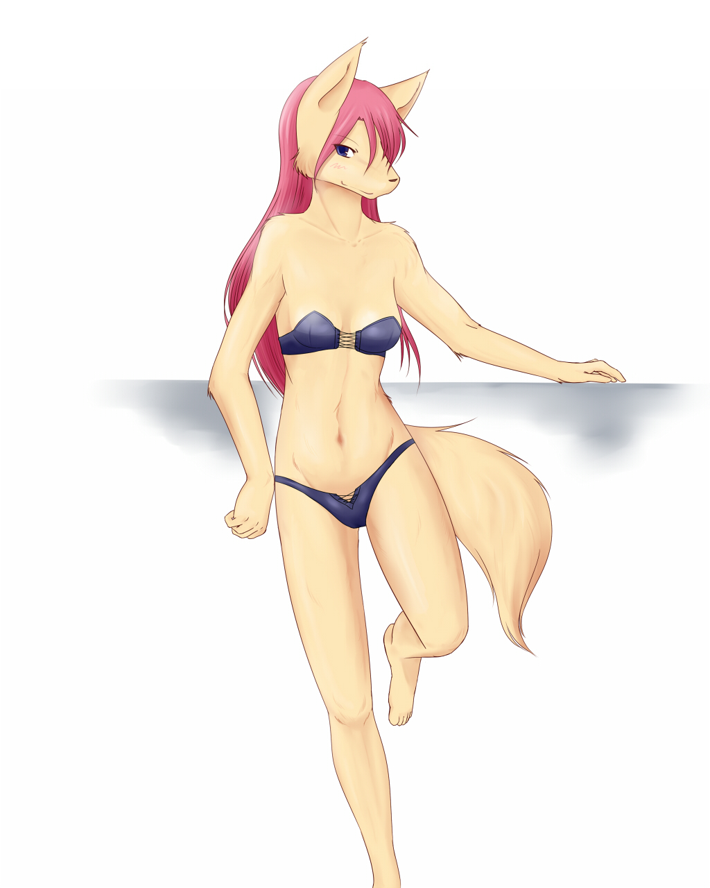 blue_eyes breasts canine cleavage clothed clothing diva female fox hair leaning long_hair long_pink_hair looking_at_viewer mammal midriff pink_hair pinup pose simple_background skimpy solo standing underwear
