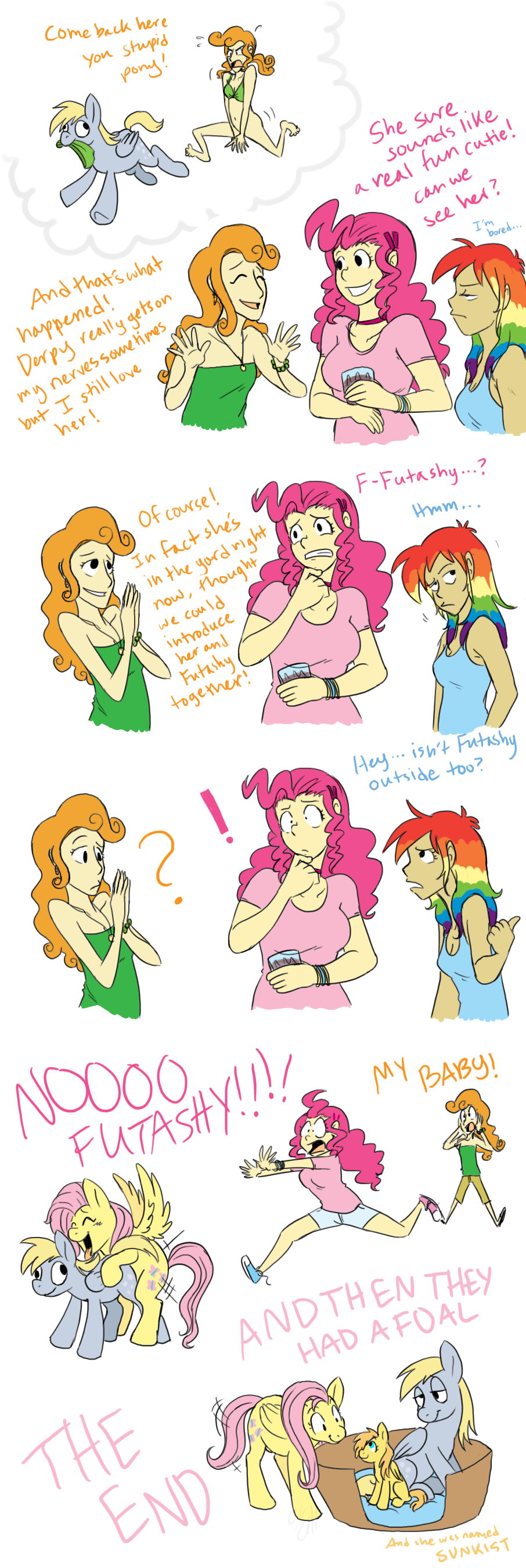 ? angry bottomless breasts carrot_top_(mlp) cartoon cartoonlion cleavage cleavagr clothed clothing comic covering covering_self cute cutie_mark derp derpy_hooves_(mlp) dialog dialogue dickgirl english_text equine father female feral fluttershy_(mlp) friendship_is_magic half-dressed horse hug human humanized humor impregnation intersex knocked_up mammal mother my_little_pony navel parent pegasus pet pinkie_pie_(mlp) pony rainbow_dash_(mlp) running sex smile sunkist_(mlp) text tongue uhoh wing_boner wings