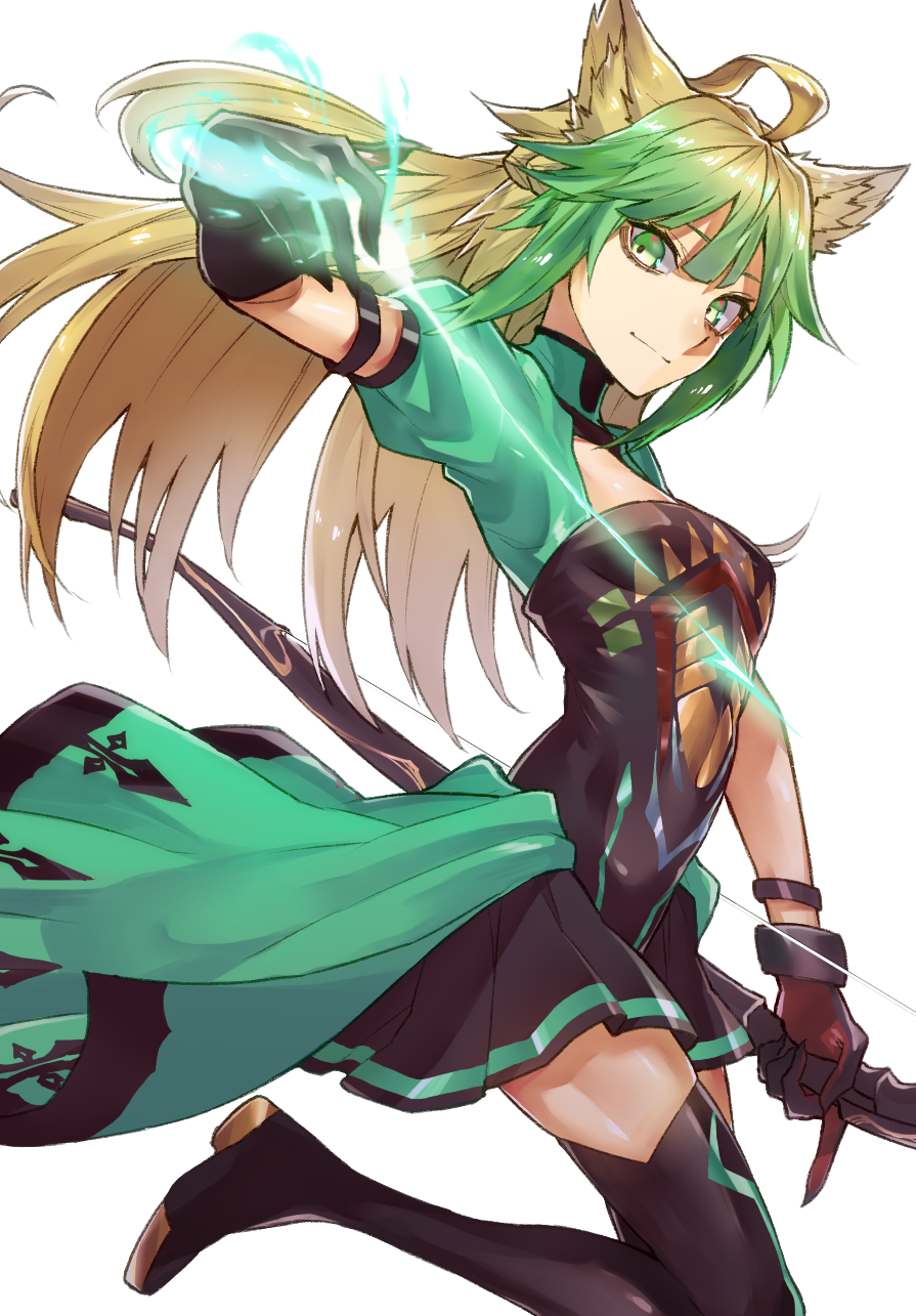 1girl animal_ears arrow atalanta_(fate) black_gloves black_legwear blonde_hair bow_(weapon) breasts cat_ears closed_mouth commentary_request fate/apocrypha fate_(series) gloves green_eyes green_hair hair_between_eyes highres kofunami_nana long_hair looking_at_viewer multicolored_hair overskirt pose puffy_short_sleeves puffy_sleeves short_sleeves sidelocks simple_background skirt small_breasts smile solo thighhighs two-tone_hair weapon white_background