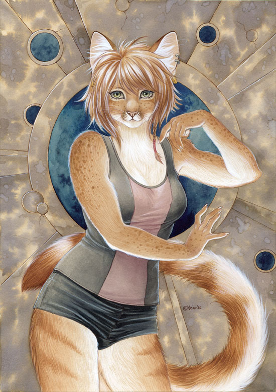 brown_hair cat clothed clothing ear_piercing earring feline female grey_eyes hair looking_at_viewer mammal markings nekoart piercing pink_nose pinup pose shirt short_brown_hair short_hair shorts solo spots standing stripes tomboy top window