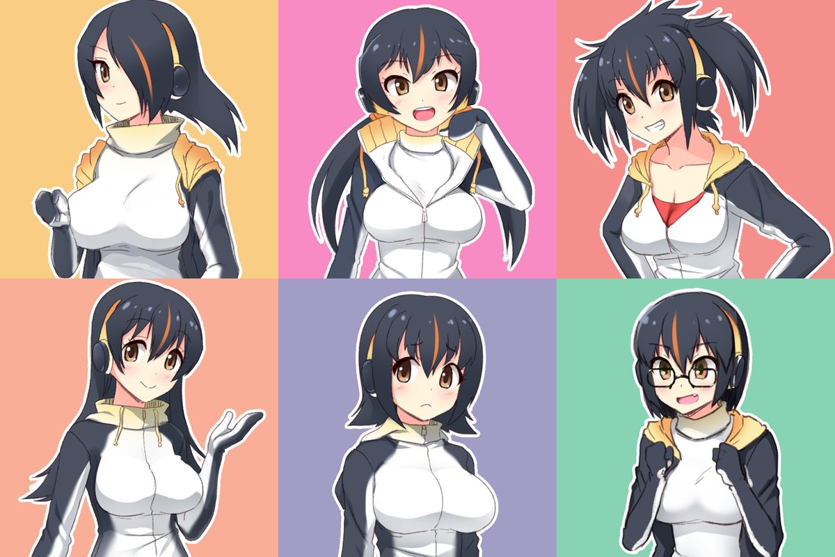 6+girls alternate_costume alternate_hair_length alternate_hairstyle black_hair blush color_switch commentary_request cosplay emperor_penguin_(kemono_friends) emperor_penguin_(kemono_friends)_(cosplay) everyone eyebrows_visible_through_hair gentoo_penguin_(kemono_friends) glasses hair_over_one_eye headphones highlights hood hoodie humboldt_penguin_(kemono_friends) kemono_friends long_hair long_sleeves margay_(kemono_friends) multicolored_hair multiple_girls penguins_performance_project_(kemono_friends) red_hair rockhopper_penguin_(kemono_friends) royal_penguin_(kemono_friends) short_hair totokichi twintails upper_body white_hair