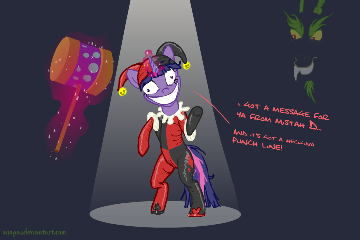 &#9827; &#9830; &hearts; clothed clothing clown cosplay costume discord_(mlp) draconequus english_text english_texts equine evil_grin evil_smile facial_hair female friendship_is_magic goatee green grey_background hair hammer harley_quinn horse insane lesson_zero magic male mammal multi-colored_hair multicolored_eyes my_little_pony plain_background pony purple_eyes red_eyes smile snapai snapal spades teeth text the_joker twilight_sparkle_(mlp) yellow_sclera