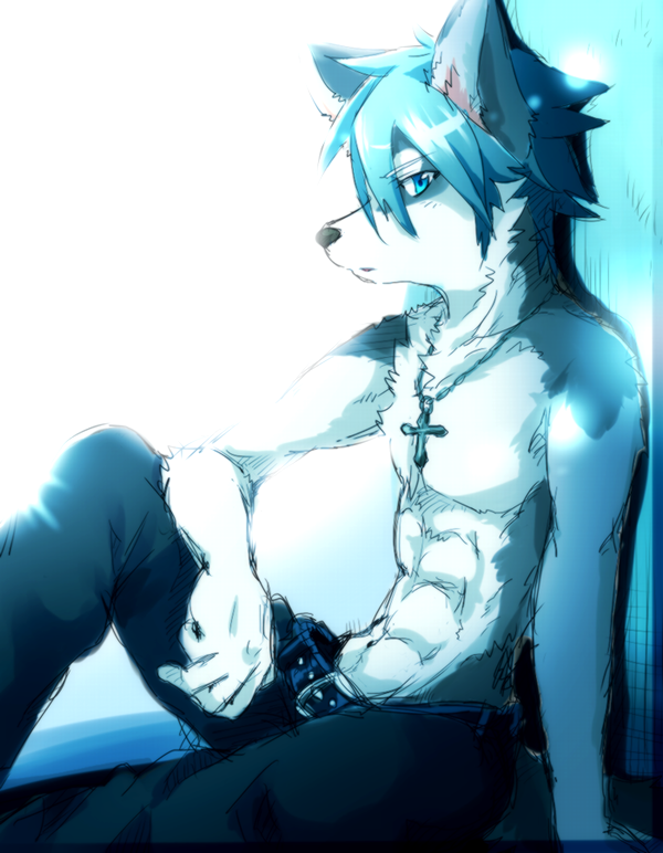 &dagger; ayaka belt black_nose blue_eyes blue_hair canine clothed clothing cross dog fur grey_fur hair half-dressed husky looking_at_viewer male mammal necklace pants short_blue_hair short_hair sitting solo topless white_fur