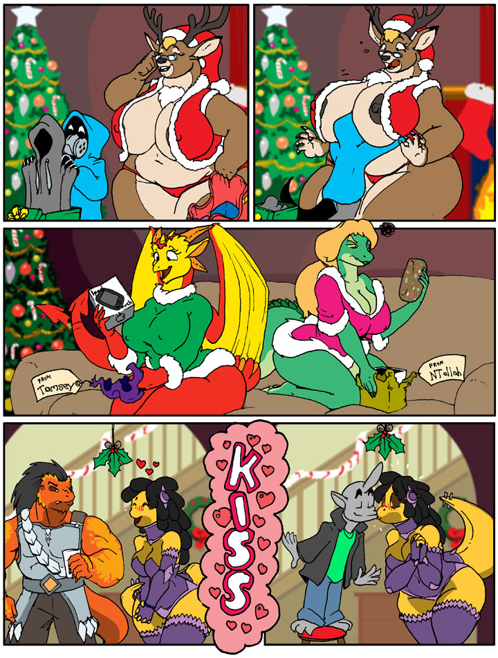 anthro apple big_breasts breasts cervine christmas christmas_tree dragon female fruit gift gifts grope group holidays holly_(plant) huge_breasts ipod kissing male mammal mistletoe morbidly_obese ntallah overweight reindeer reptile scalie sweater tail tamsey tree vdisco wide_hips x-mas_party xmas