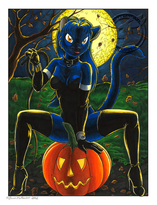 amber_eyes blue_fur blue_hair boots border brian_mcpherson cat clothed clothing collar cuffs dominatrix elbow_gloves feline female fur gloves hair halloween high_heels holidays leaves mammal moon night pumpkin round_ears sitting skimpy solo spread_legs spreading tail teddy thigh_boots thigh_high_boots traditional_media tree whip wood