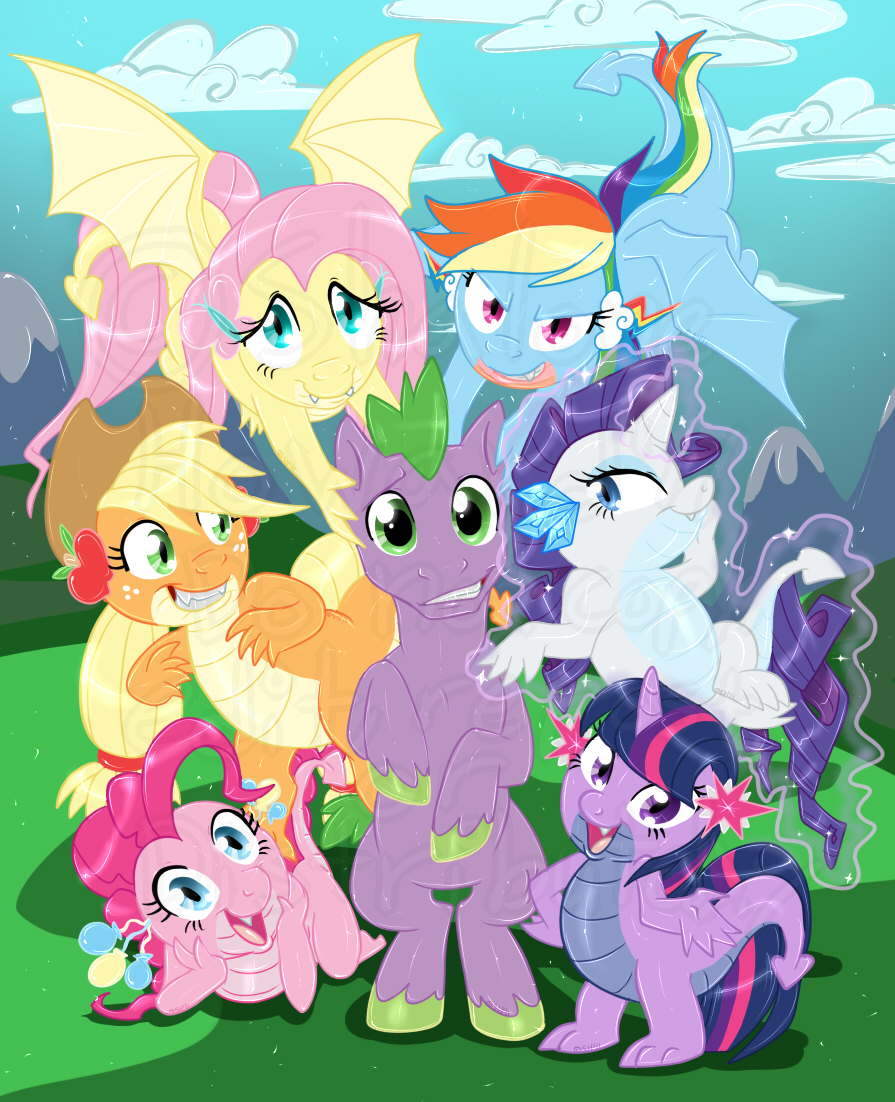 applejack_(mlp) arthropod balloon blonde_hair blue_eyes butterfly cowboy_hat dragon equine fangs female feral fluttershy_(mlp) friendship_is_magic fruit green_eyes green_hair group hair hat horn horse insect long_hair looking_at_viewer male mammal multi-colored_hair my_little_pony open_mouth pinkie_pie_(mlp) pony ponytail purple_eyes purple_hair rainbow_dash_(mlp) rainbow_hair rarity_(mlp) red_hair scalie shalonesk spike_(mlp) tail twilight_sparkle_(mlp) watermark wings