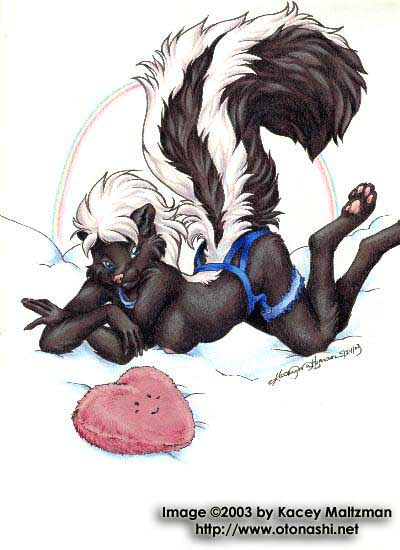 &hearts; &lt;3 blue_eyes breasts clothed clothing female hair hindpaw kacey looking_at_viewer mammal pawpads paws pillow raised_tail side_boob skimpy skunk solo tail white_hair