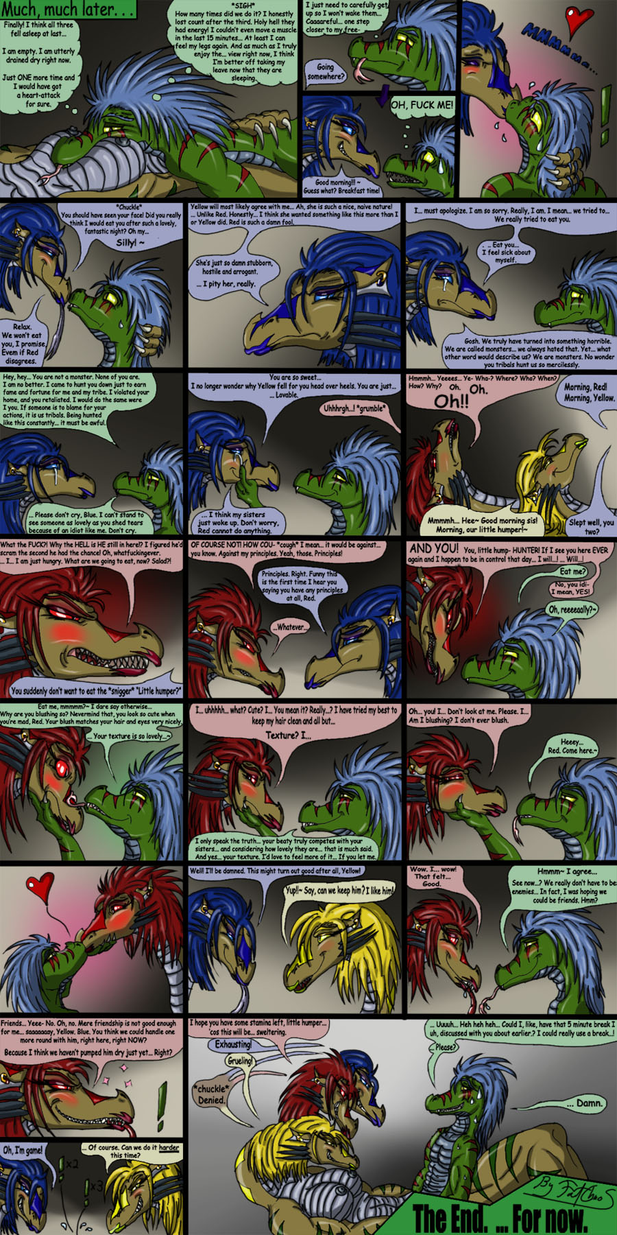 blue_hair breasts comic english_text fatchaos female forked_tongue hair hunting_a_hydra hydra kissing lizard male pussy_juice red_hair reptile scalie size_difference text the_end tongue