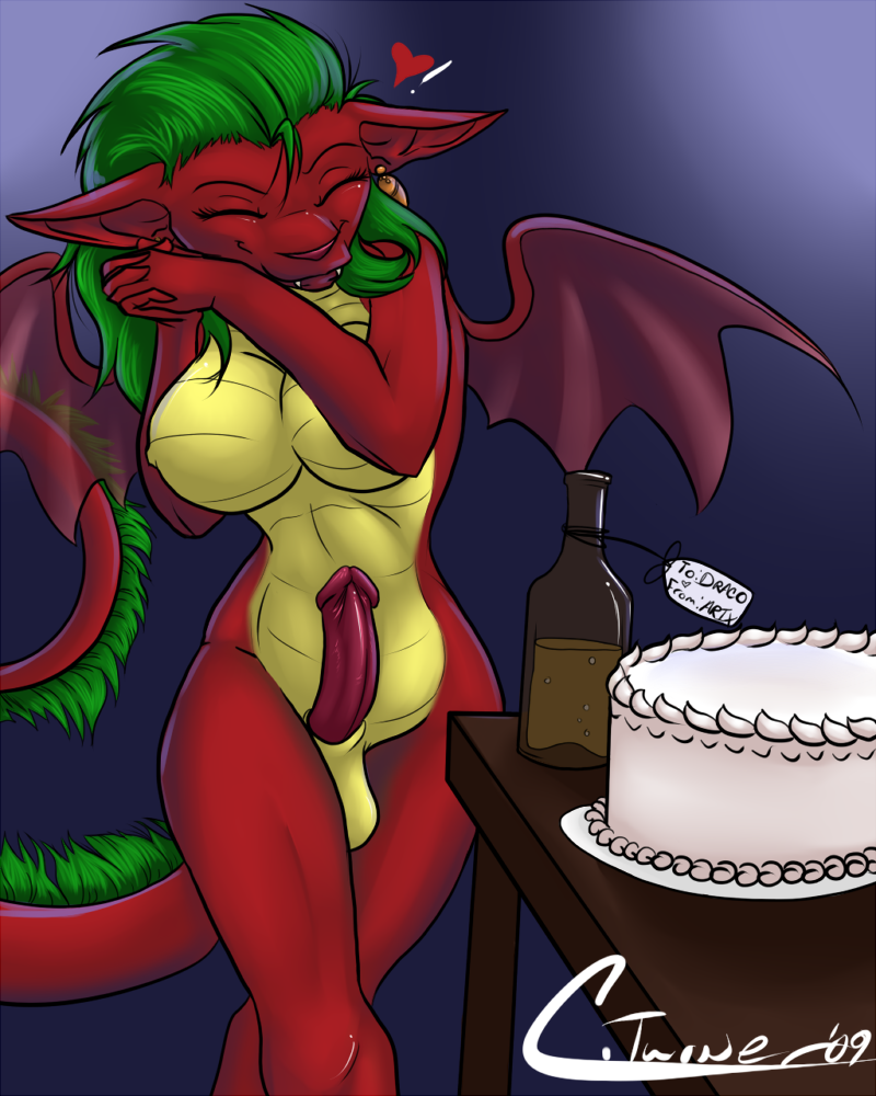 &lt;3 2009 alcohol beer beverage birthday booze breasts cake closed cute dickgirl draco_azule dragon eyes eyes_closed food herm intersex love nipples penis red red_body red_dragon red_penis solo syrae-universe tail wings