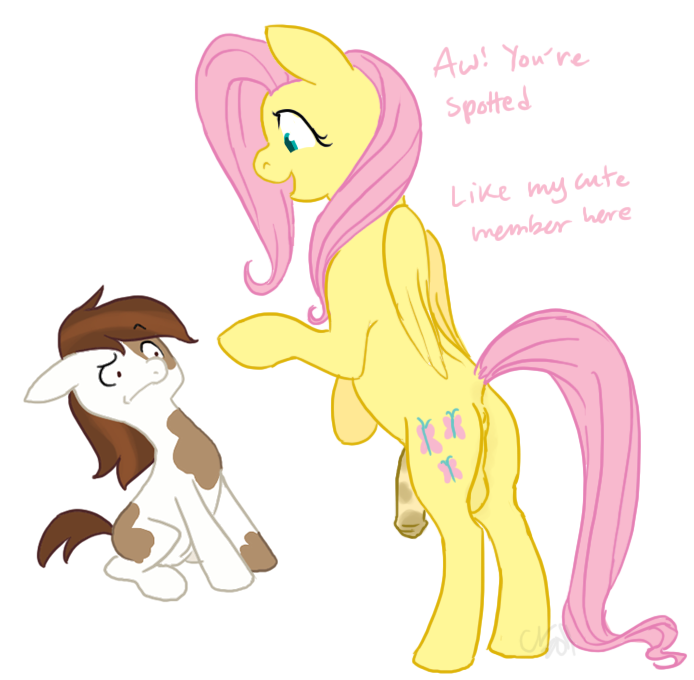 balls brown_hair butt cartoonlion cocked_eyebrow cub cutie_mark dickgirl english_text equine female feral fluttershy_(mlp) friendship_is_magic fur hair horse intersex male mammal my_little_pony pegasus penis pink_hair pipsqueak_(mlp) pony sitting tail text wings yellow yellow_fur young
