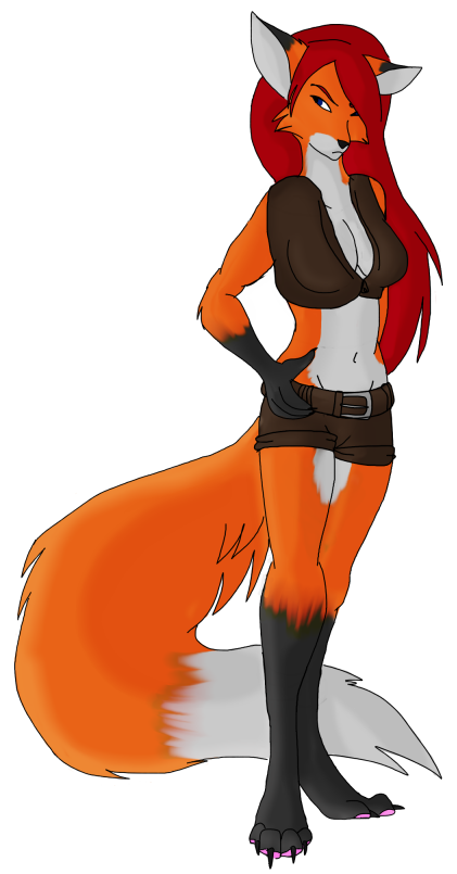 big_breasts blue_eyes breasts canine cleavage clothed clothing female fox hair long_hair long_red_hair mammal pawpads red_hair samantha_arrow shorts solo standing syntex