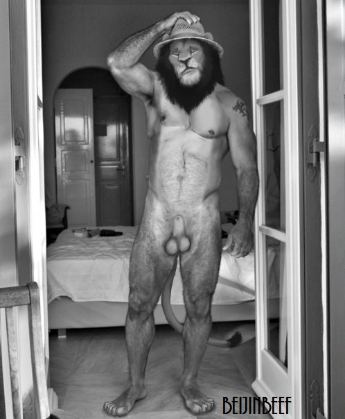 beijinbeef black_and_white edit feline greyscale hat lion male mammal man mane monochrome morph muscles penis photo_manipulation sheath