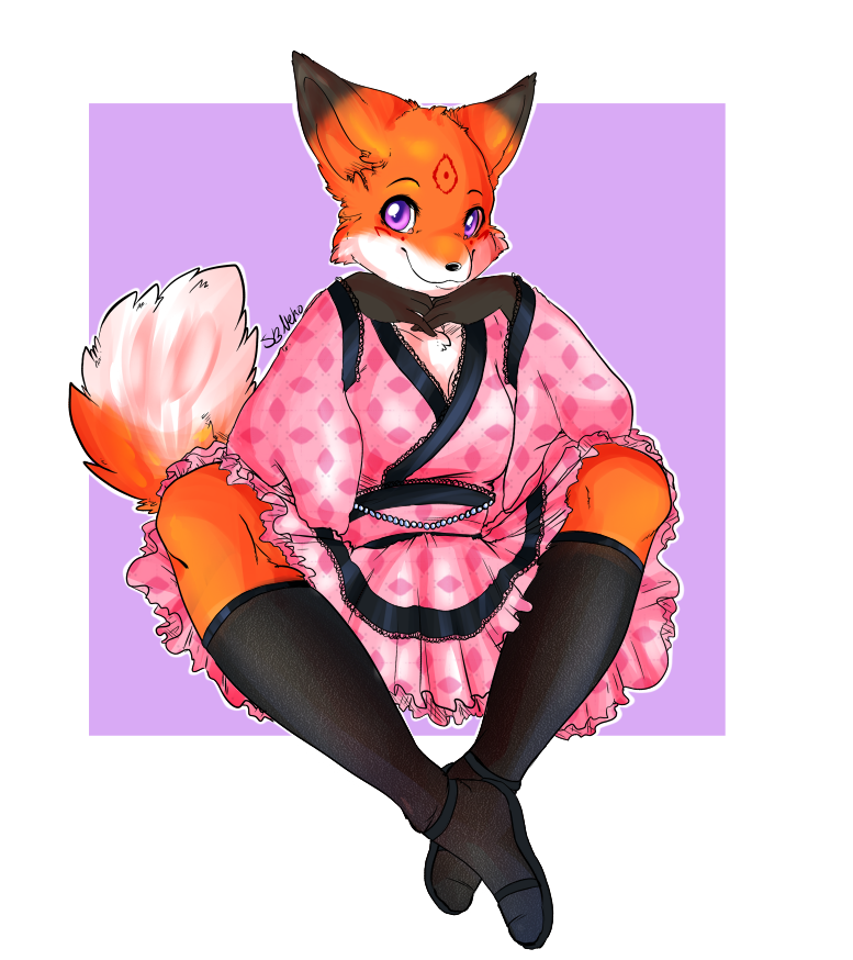 beads black_nose blush border canine dress facial_markings female fluffy_tail fox frills knee_socks lace legwear looking_at_viewer mammal markings purple_eyes red_markings ribbons ruffles sandals shoes sitting smile solo stockings strawberryneko tail young