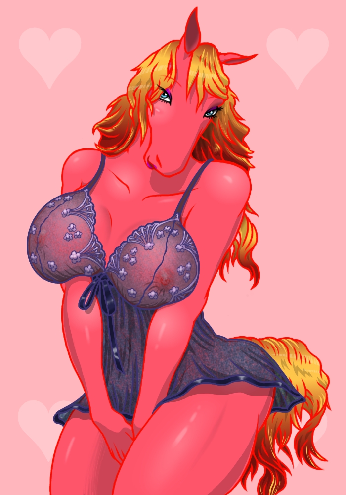 &#12491;&#12519;&#12491;&#12519; &hearts; ???? anthro big_breasts blonde_hair blue_eyes breasts chemise equine female hair horse lingerie long_blonde_hair long_hair looking_at_viewer mammal nightgown nipples nyonyo pinup pose solo translucent