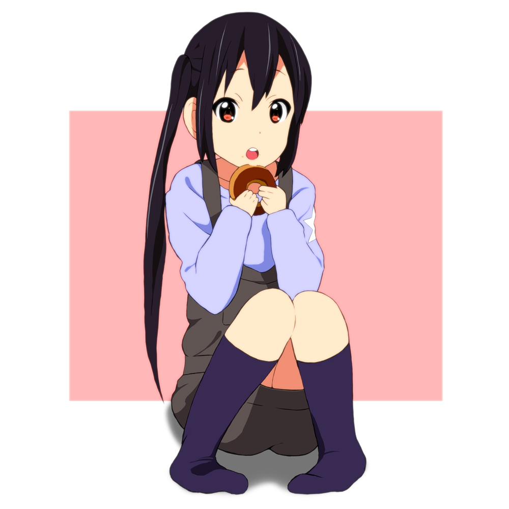 bad_id bad_pixiv_id black_hair brown_eyes doughnut eating food k-on! kaiman long_hair looking_at_viewer nakano_azusa official_style open_mouth overalls round_teeth shirt sitting socks solo t-shirt teeth twintails